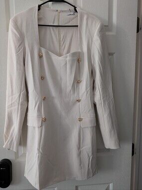 Fashion Nova Cream Double-Breasted Blazer Dress with Gold Buttons